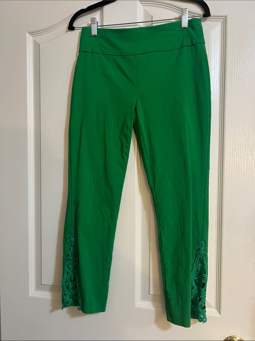 Attyre Bright Green Cropped Slim-Leg Pants with Lace Side Hem
